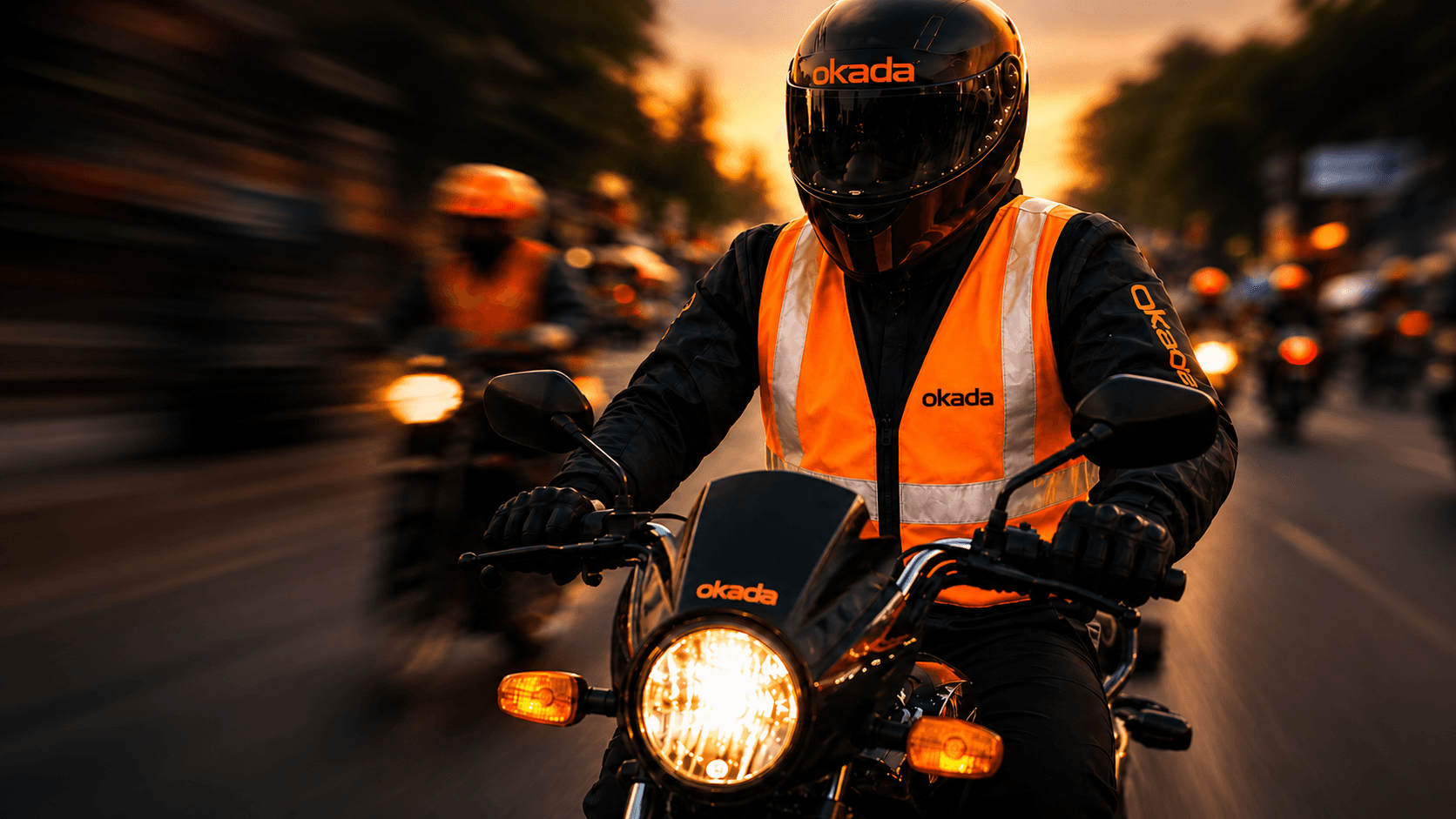 Okada rider wearing an orange reflective vest on a motorcycle
